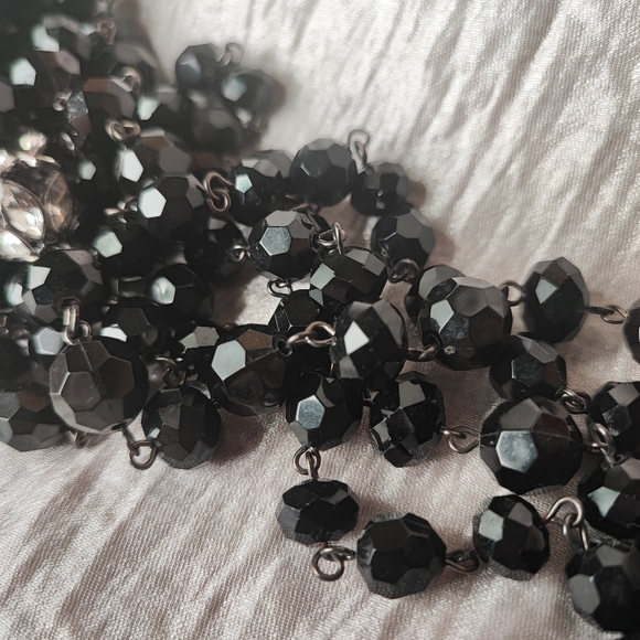Dramatic Opera Length Black Plastic Faceted Glass Clear Rhinestone Bead Necklace - Picture 6 of 15